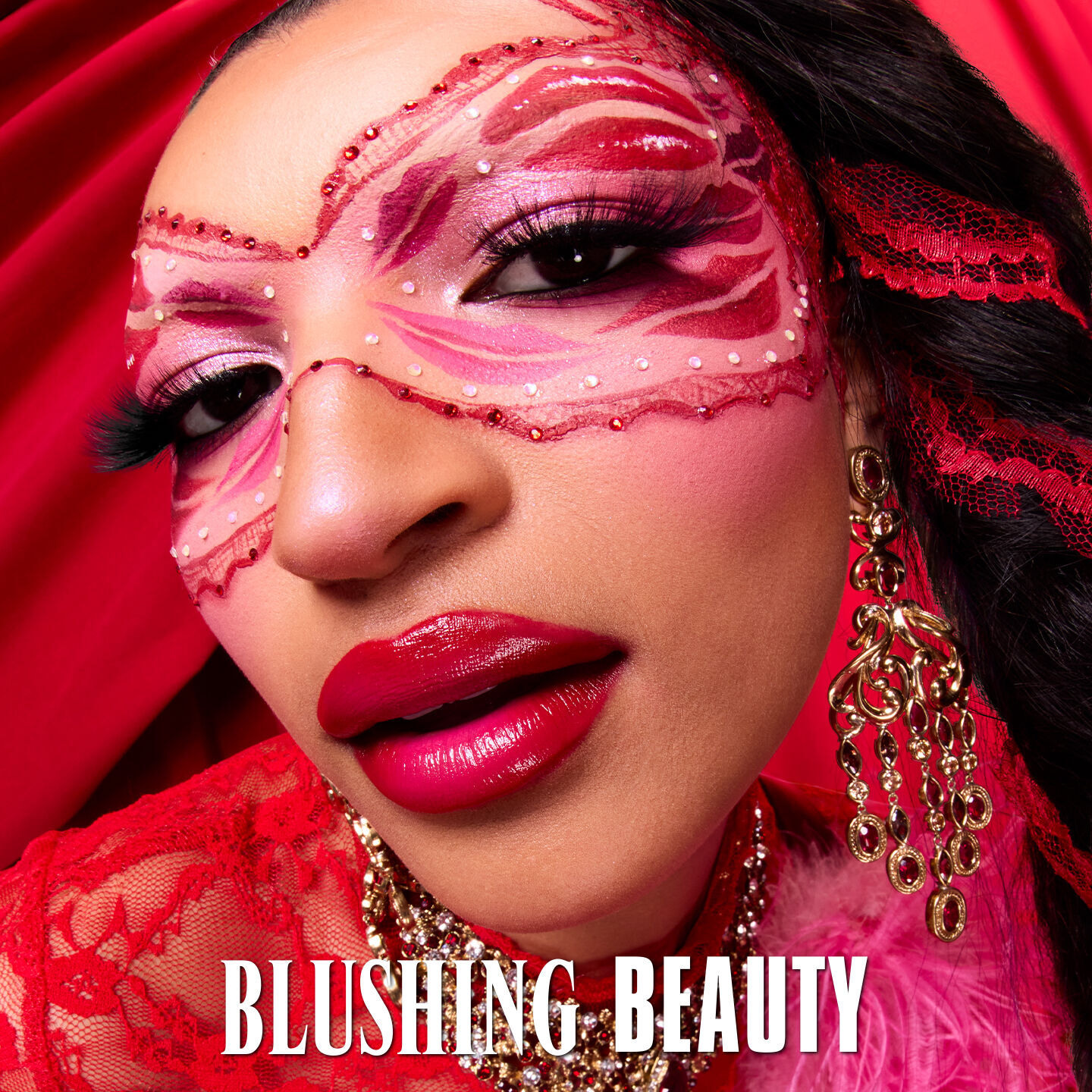Blushing Beauty section featuring NYX Royal Epic Ink Liner Glitz on a red floral background.