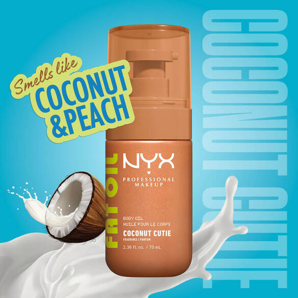 NYX Professional Makeup Fat Oil Body Oil in Coconut Cutie scent, bronze bottle, with a coconut and splashing milk, labeled as smelling like coconut and peach, on a blue background.