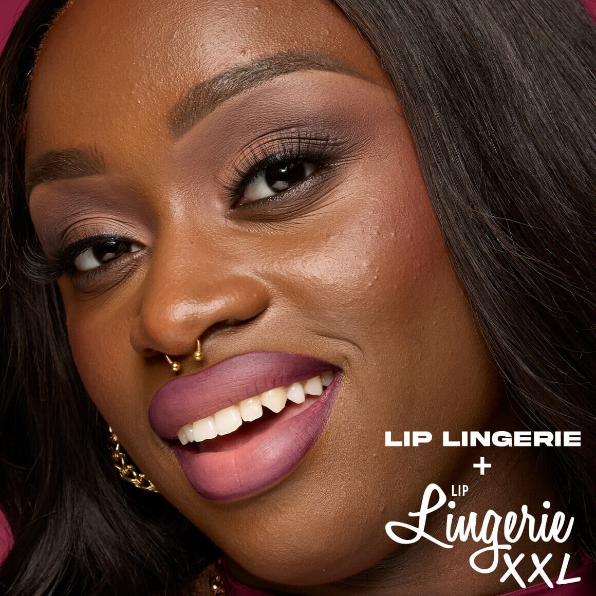 Beauty Visual of a model showing wearing Lip Lingerie Lip Liner Stain in shade 11 Hot & Heavy and 02 Lip Lingerie XXL Turn On.