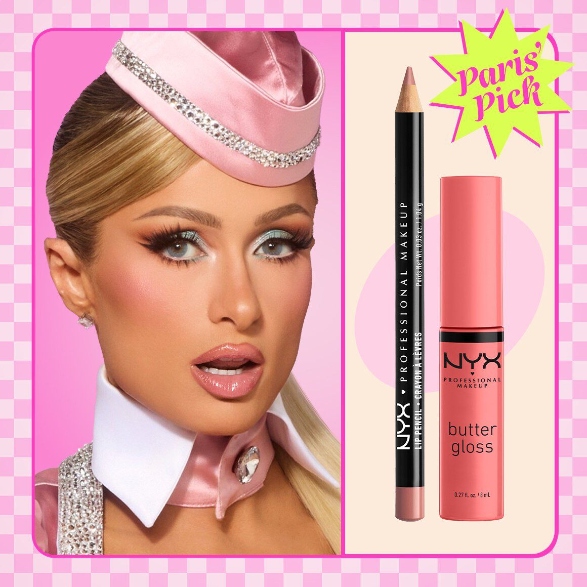 Paris Hilton in pink diner-inspired styling with glossy nude lips beside Slim Lip Pencil in 858 Nude Pink and Butter Gloss in 05 Creme Brulee, with Paris Pick badge.