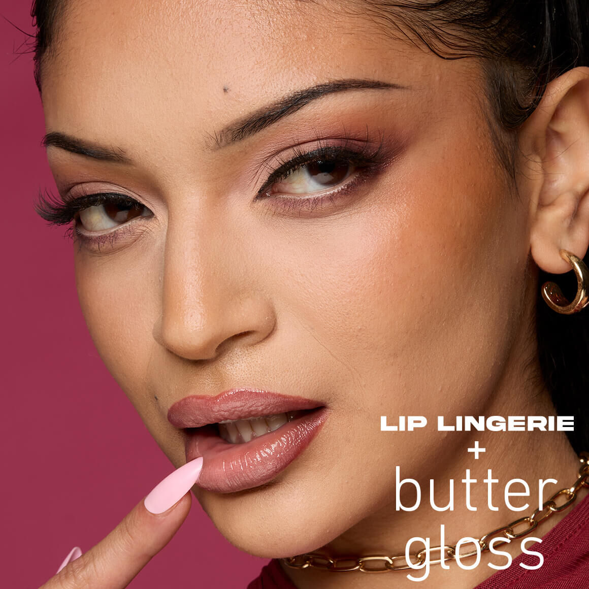 Beauty Visual of a model showing wearing Lip Lingerie Lip Liner Stain in shade 07 Cuff Me and Butter Lip Gloss 05 Creme Brule.