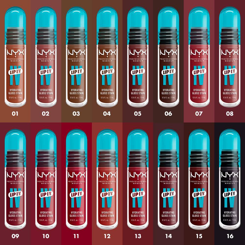 A lineup of NYX Butter Gloss, Lip I.V. Hydrating Gloss Stain, and Milky Gloss on diverse lip tones, showcasing non-sticky, hydrating lip gloss formulas.
