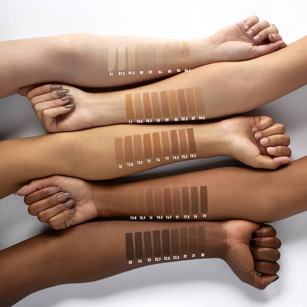 Promotional image showcasing the 25 shades of NYX’s Can't Stop Won't Stop Full Coverage Foundation on 5 arms of varying skin tones.