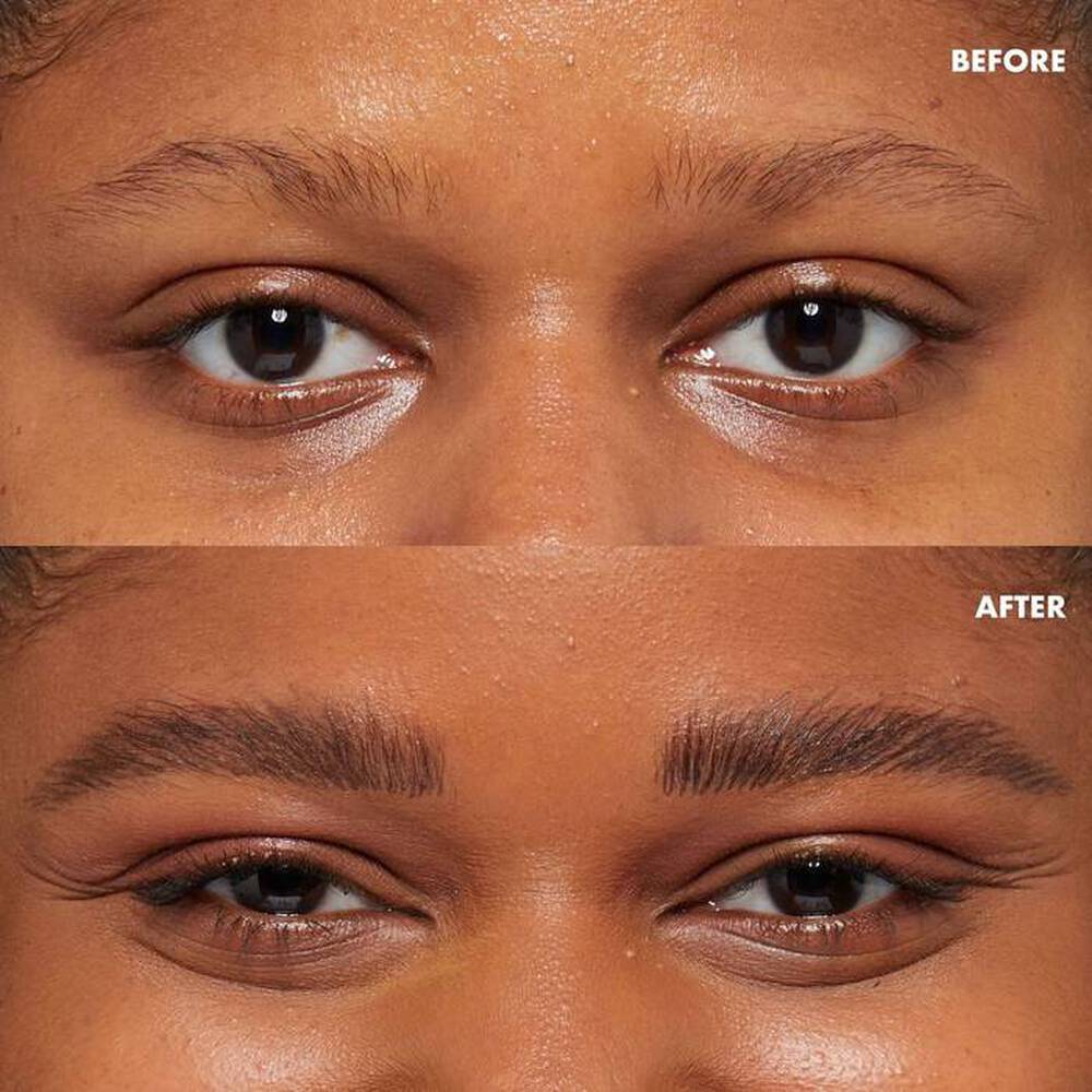 Close-up of model showing before and after application of Brow Glue Instant Styler tinted brow gel