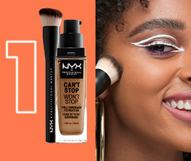 2-step images showing how to apply NYX foundation. Step 1 shows a woman applying primer with a makeup brush, step 2 shows a woman applying NYX’s Can't Stop Won't Stop Full Coverage Foundation.