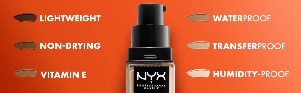 Promotional image showcasing the benefits of NYX’s Can't Stop Won't Stop Full Coverage Foundation. Text reads: LIGHTWEIGHT/ NON-DRYING/ VITAMIN E/ WATERPROOF/ TRANSFERPROOF/ HUMIDITY-PROOF.