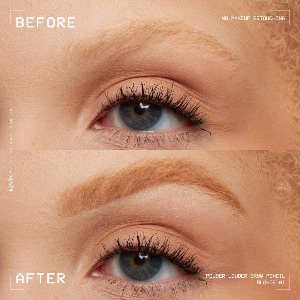 A before-and-after pick showing the effects of NYX’s Powder Louder Brow Pencil on sparse brows. The after picture is clearly more filled in and consistent.