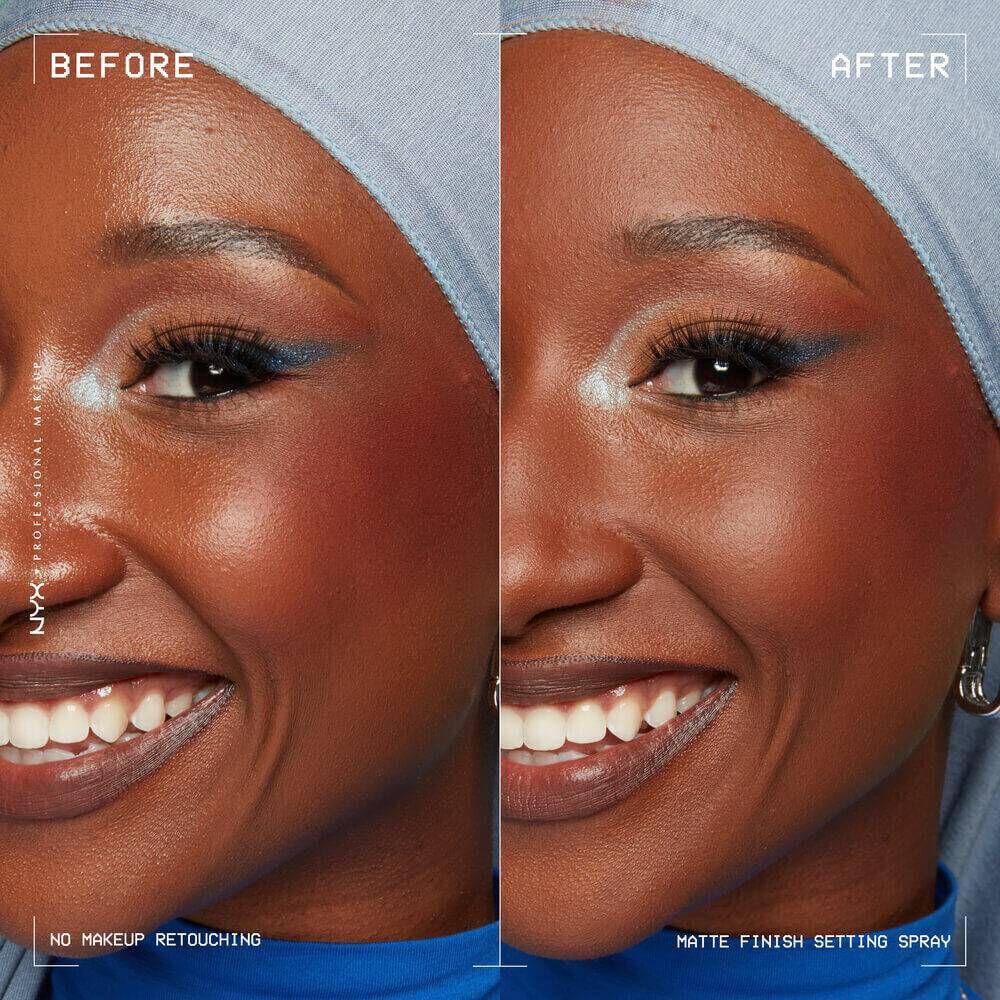 A promotional shot showing the before and after of a woman’s face when using NYX’s Makeup Setting Spray - Matte.