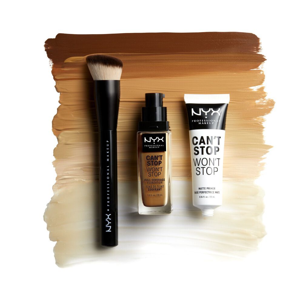 Promo image showcasing NYX’s Can't Stop Won't Stop Brush, Foundation, and Primer.