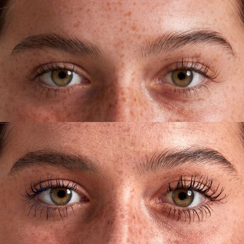 A before and after shot showcasing a woman’s eyes before and after applying The Epic Smokey Eye mascara by NYX. After shot shows visibly lifted, voluminous eyelashes.