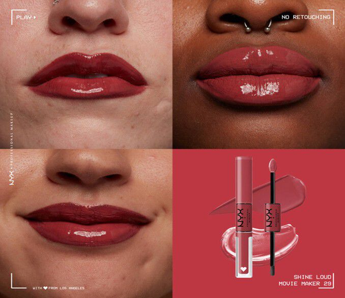 Close-up of three people with red Christmas lips, wearing NYX Professional Shine Loud High Shine Lip Colour 