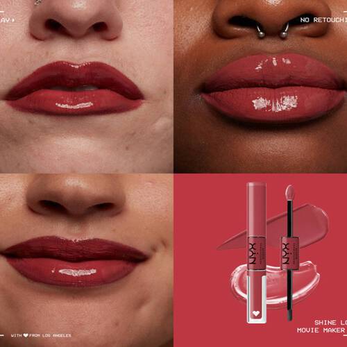 Close-up of three people with red Christmas lips, wearing NYX Professional Shine Loud High Shine Lip Colour