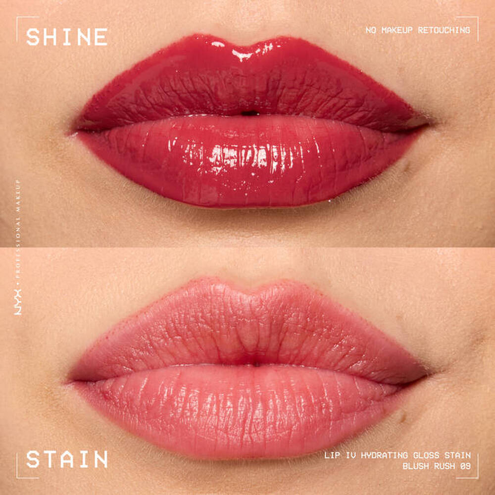 Close-up of a model’s lips showcasing how to use lip stain for both glossy and matte stain effect