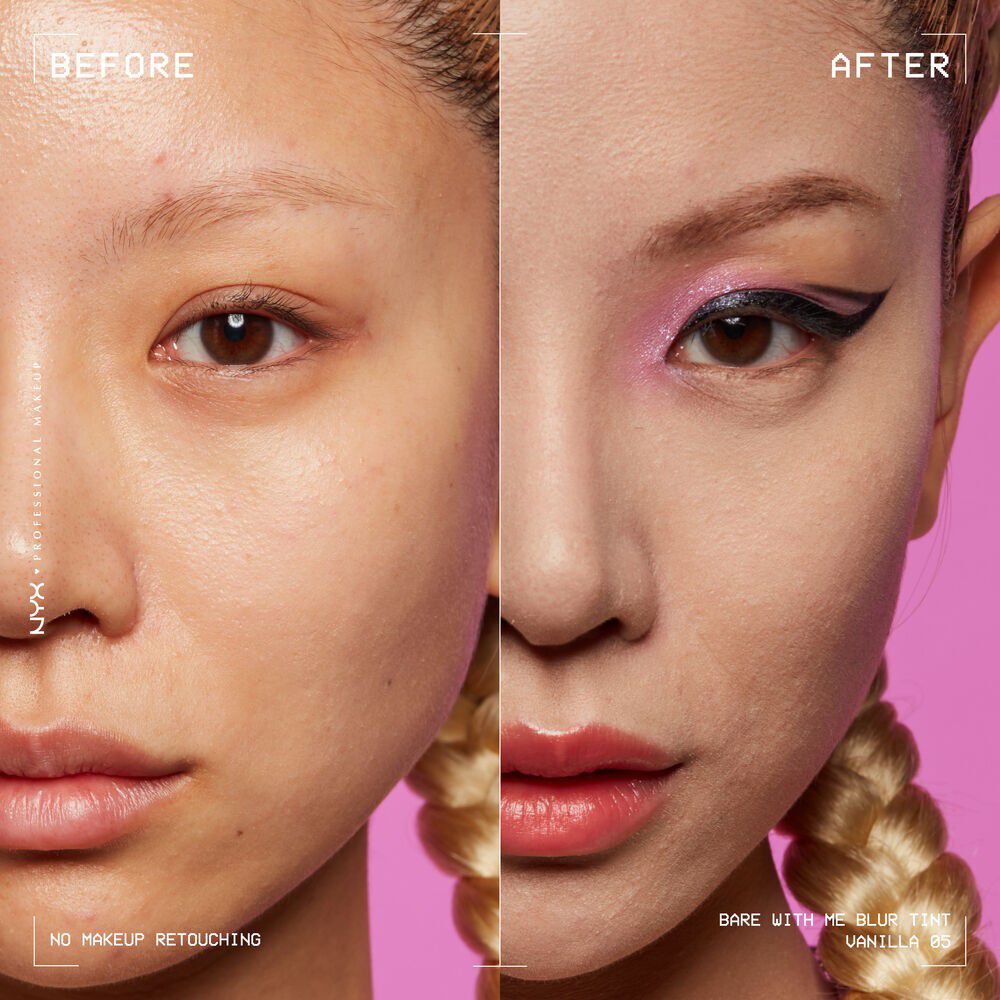 model showing before and after matte foundation using Bare With Me Blur Skin Tint Foundation