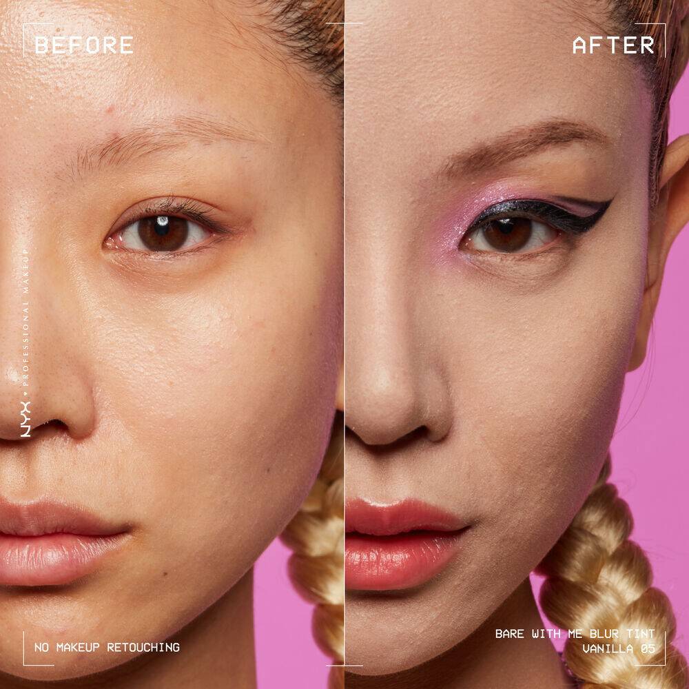 model showing before and after matte foundation using Bare With Me Blur Skin Tint Foundation