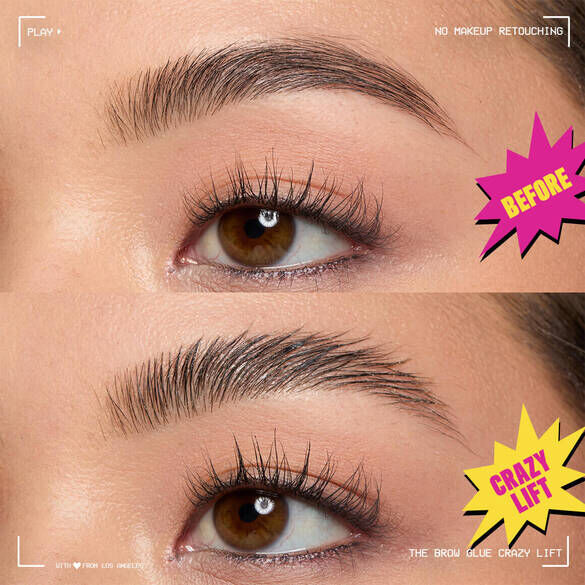 model showing before and after application of NYX The Brow Gel Crazy Glue