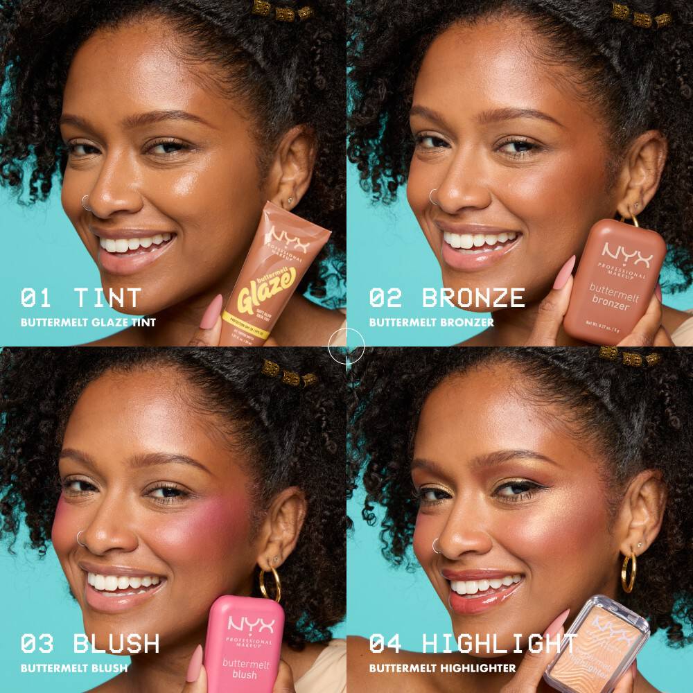 3 side-by-side images of the different stages of a makeup artist applying tint, bronzer, blush, and highlighter to a model’s face to create a radiant, dimensional makeup look.
