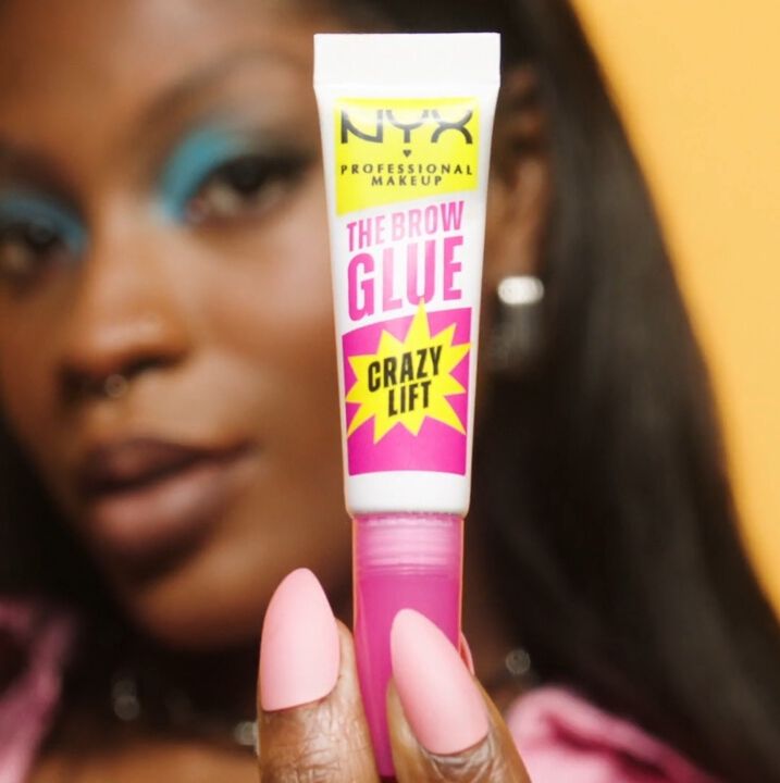 A promotional video showing a model using NYX’s The Brow Glue Crazy Lift on their eyebrows.