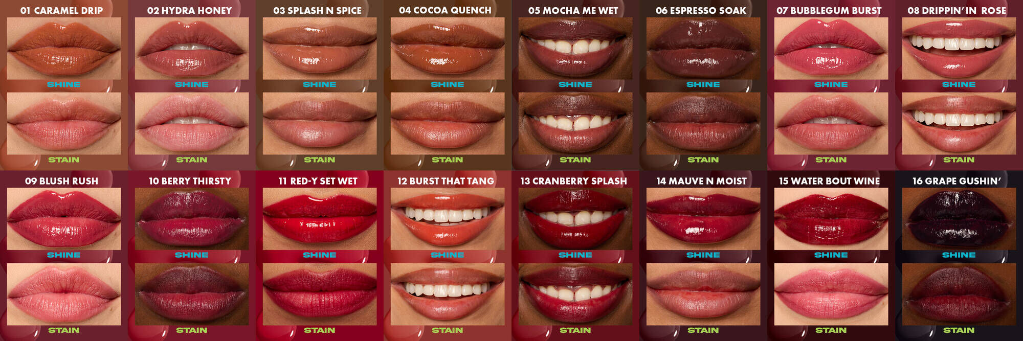 Close-up of lips wearing different shades of NYX lip stains, worn both as gloss and as stains