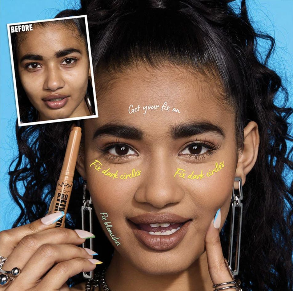 model with medium skintone showcasing colour corrector makeup application