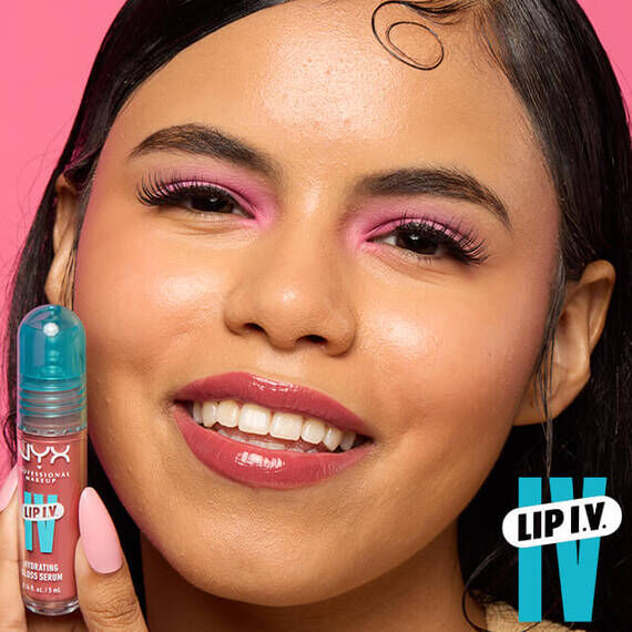 Close-up of a model’s face showcasing NYX Lip IV Hydrating Gloss Stain