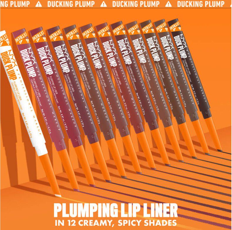 Promotional shot showing the 12 available shades of NYX’s Duck Plump Plumping Lip Liner.