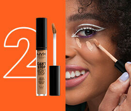 2-step images showing how to apply NYX foundation. Step 1 shows a woman applying primer with a makeup brush, step 2 shows a woman applying NYX’s Can't Stop Won't Stop Full Coverage Foundation.