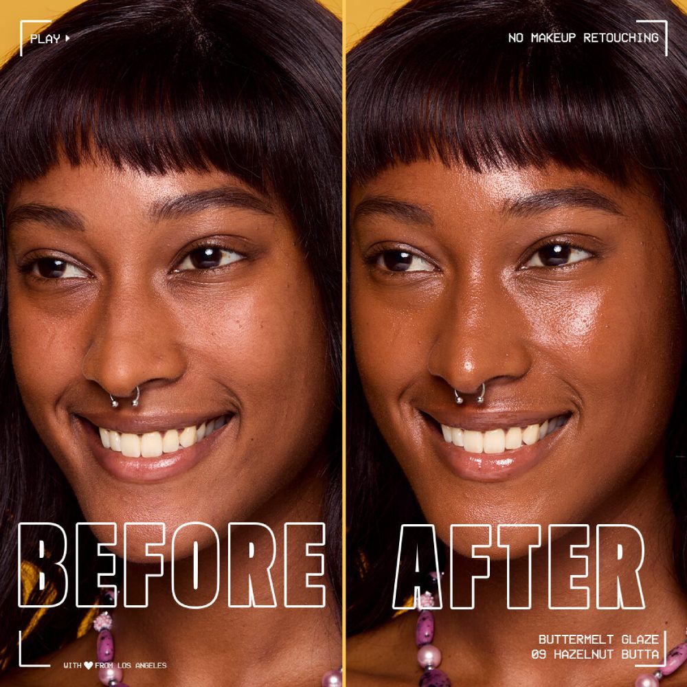 model showing before and after dewy foundation using the Buttermelt Glaze Soft Glow Skin Tint SPF 30