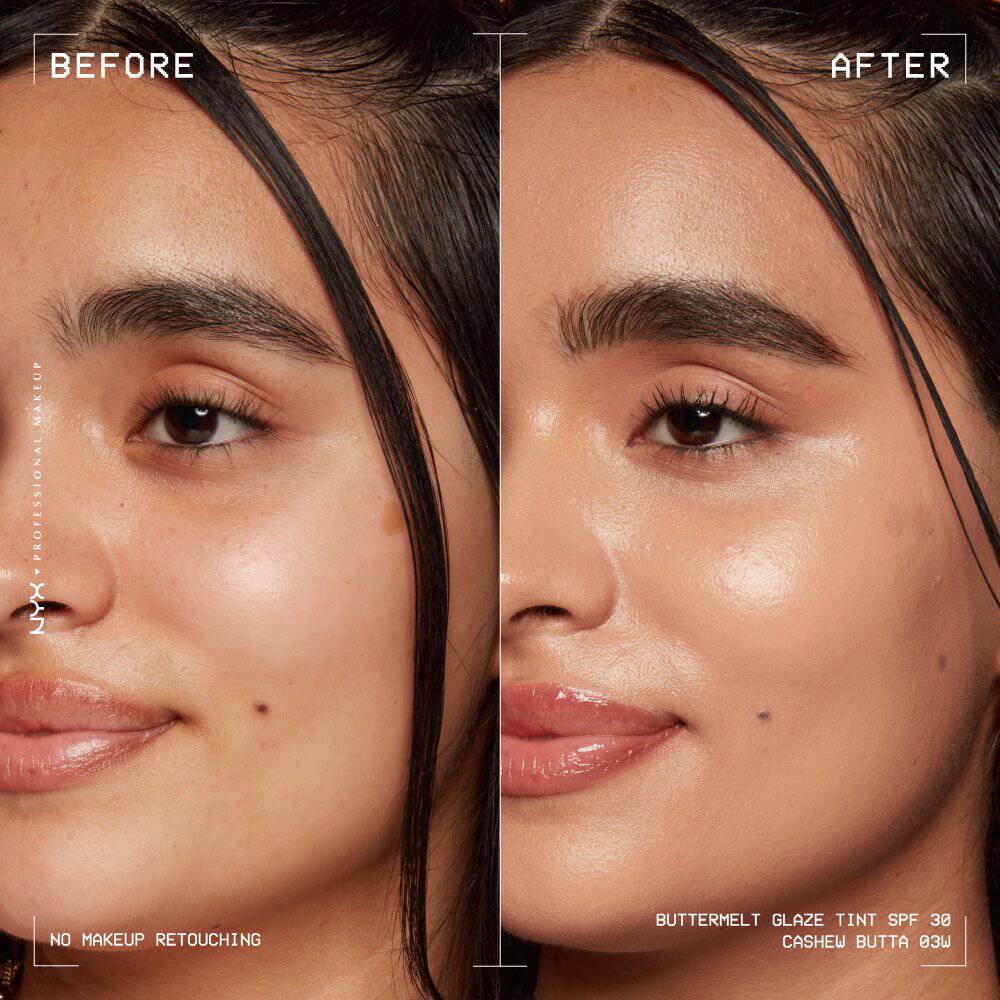 A close-up image of a woman with dewy makeup finished by a setting spray