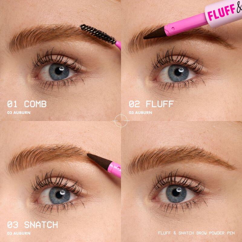A promotional shot showing how to use NYX’s Fluff & Snatch! Brow Powder Pen. Text reads: 01 COMB/ 02 FLUFF/ 03 SNATCH.