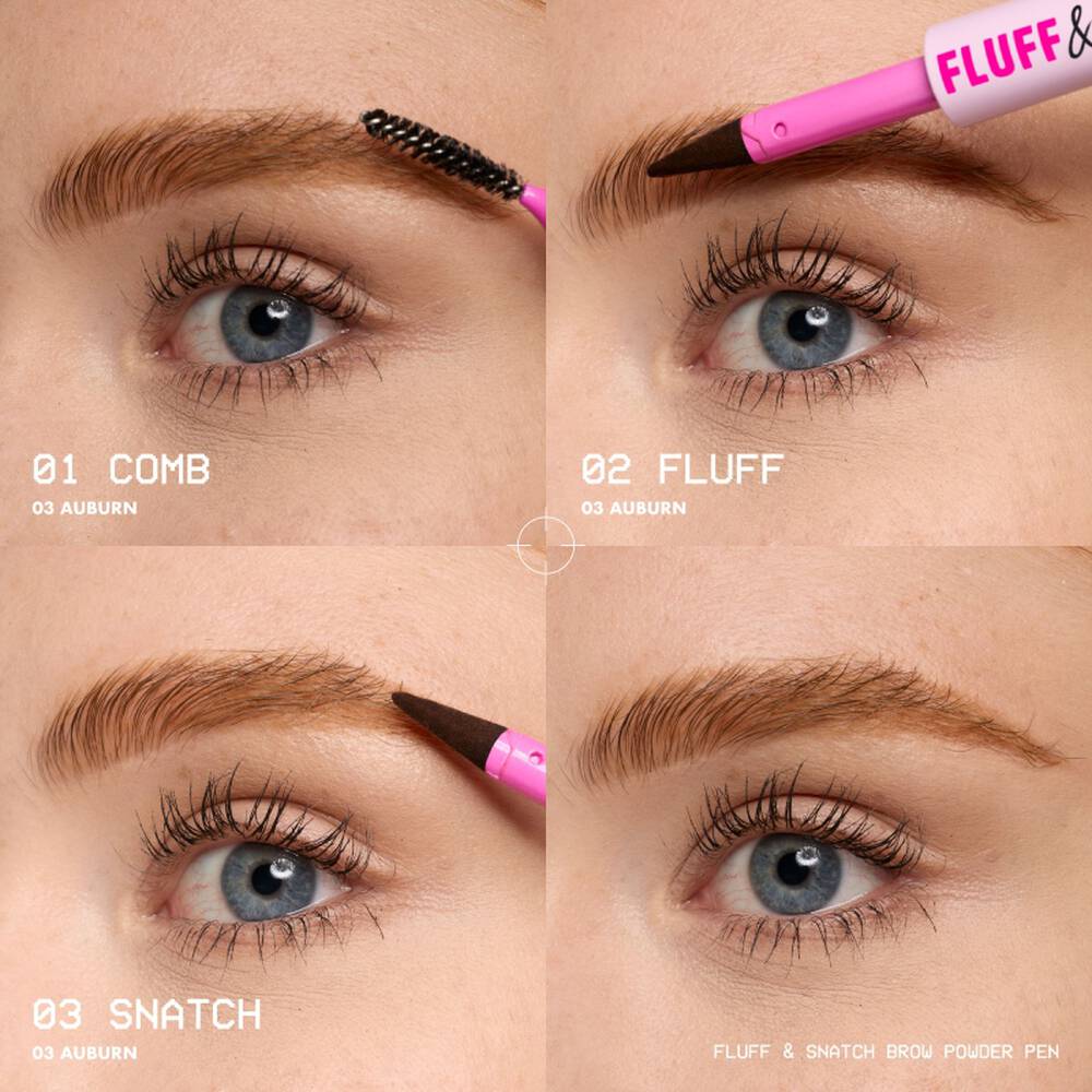 A promotional shot showing how to use NYX’s Fluff & Snatch! Brow Powder Pen. Text reads: 01 COMB/ 02 FLUFF/ 03 SNATCH.