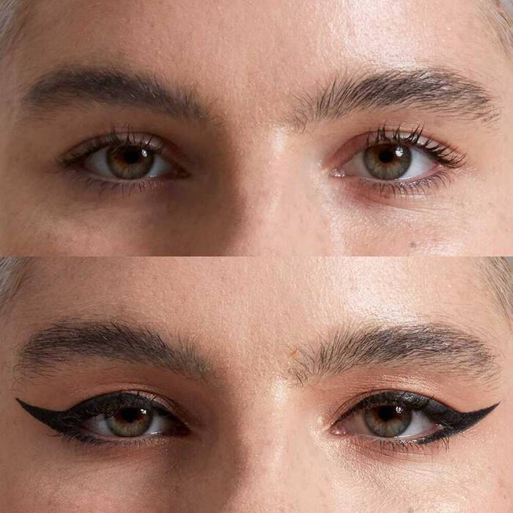 close up of model before and after using liquid eyeliner