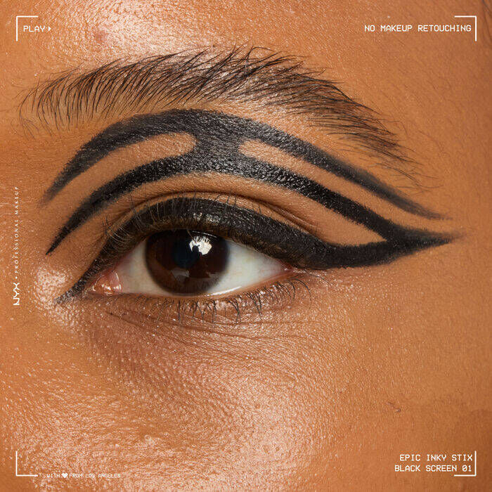 close-up of model’s eye showcasing graphic eyeliner design done with a gel eyeliner