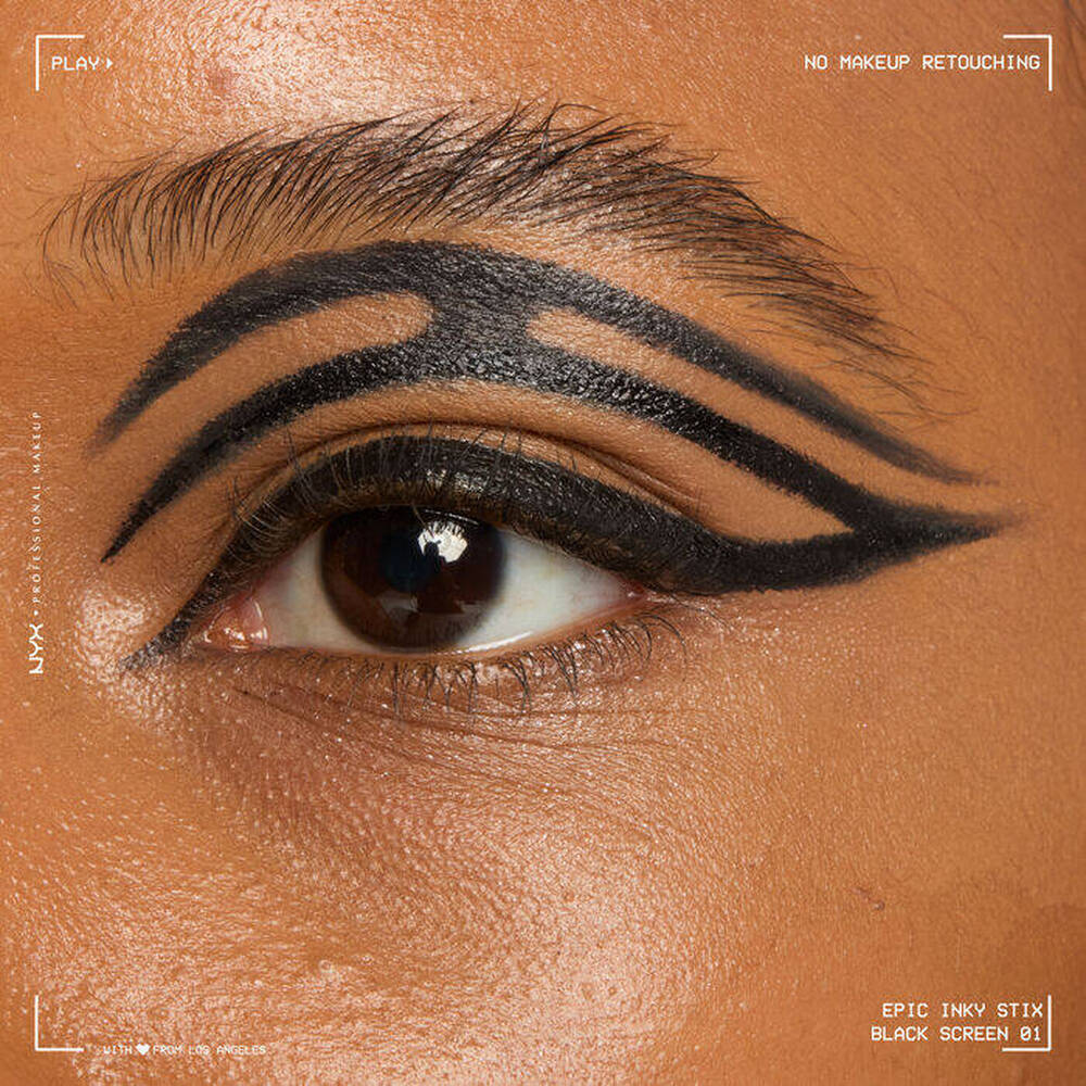 close-up of model’s eye showcasing graphic eyeliner design done with a gel eyeliner