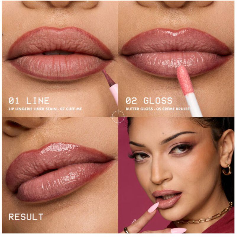 Promotional shot showing a step-by-step of how to apply NYX’s Lip Lingerie Lip Liner Stain for best results.