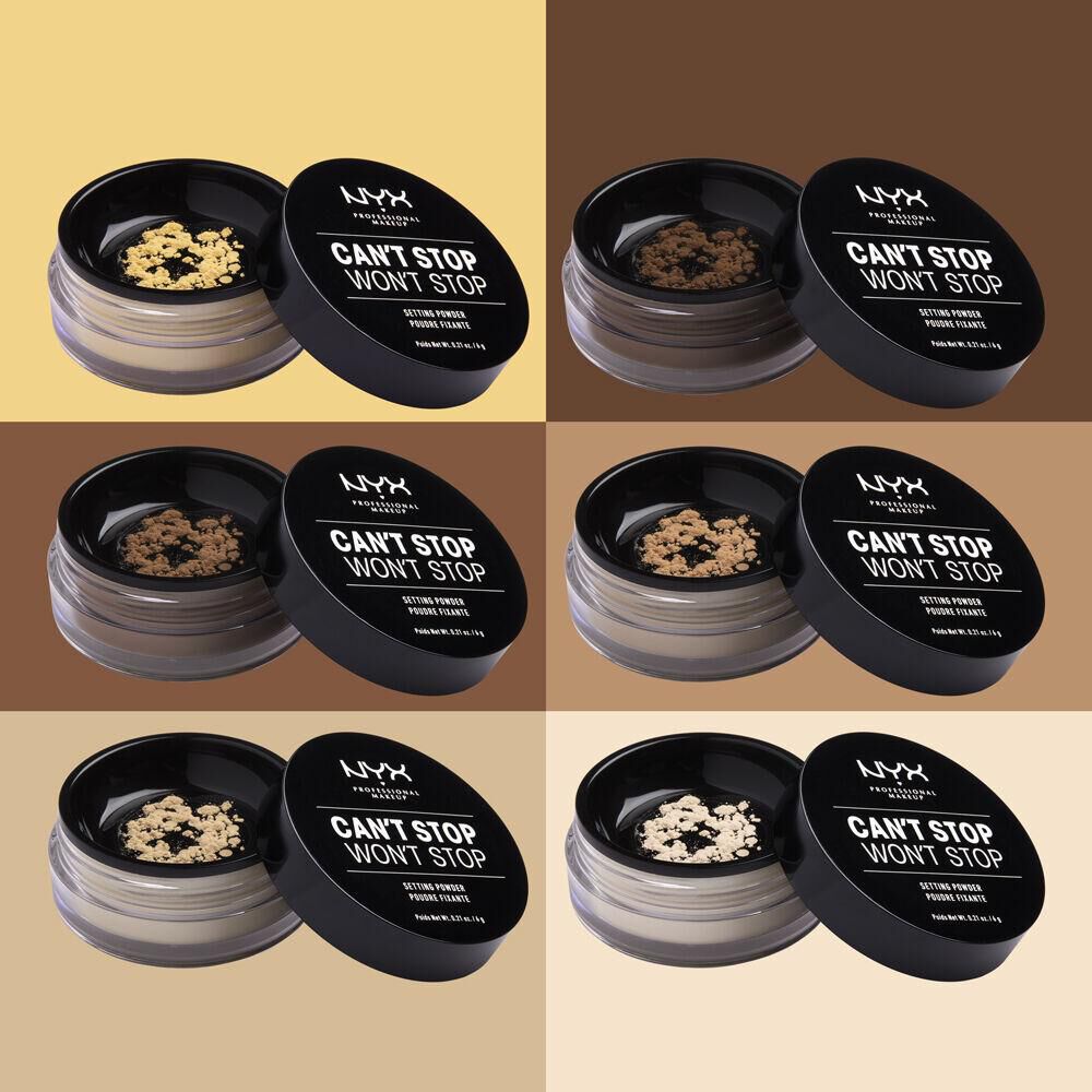 A promotional shot showing the 6 available shades of NYX’s Can't Stop Won't Stop Setting Powder.