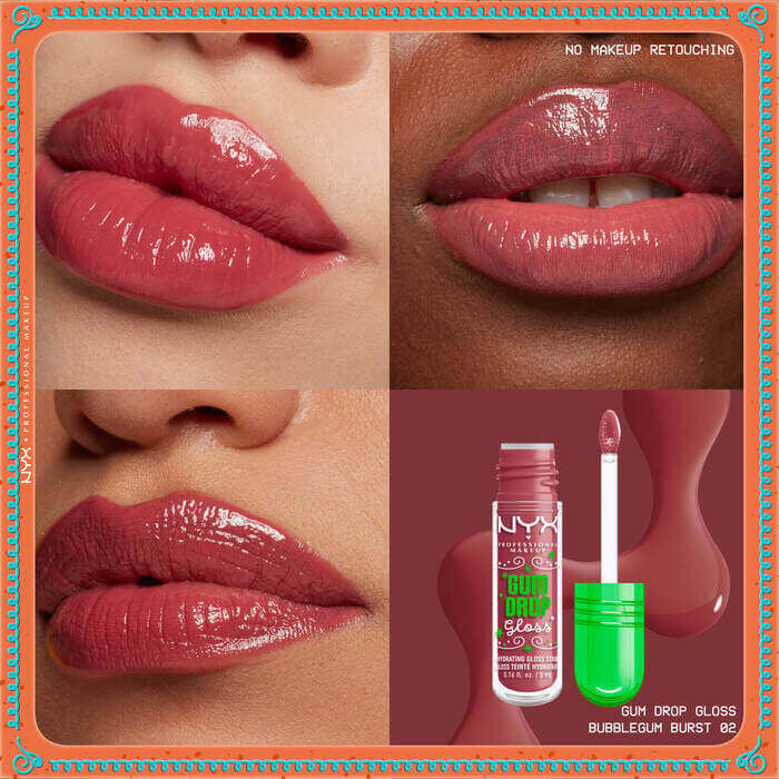 Grid of lips wearing three shades of gloss and stain, showcasing glossy finish on diverse skin tones with NYX Professional Makeup Gum Drop Lip I.V. product on top of textured swatch and colored hex code in shade 02 Bubblegum Burst