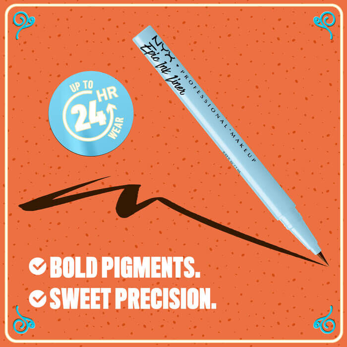 Graphic with tagline: “Bold pigments. Sweet precision.” featuring NYX Professional Makeup Holiday Candy Swirl Liner on orange background in shade 02 Milk Chocolate
