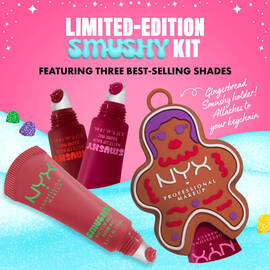 Limited-edition NYX Professional Makeup Holiday Smushy Kit image with three balm tubes, surrounded by candy icons and snow.