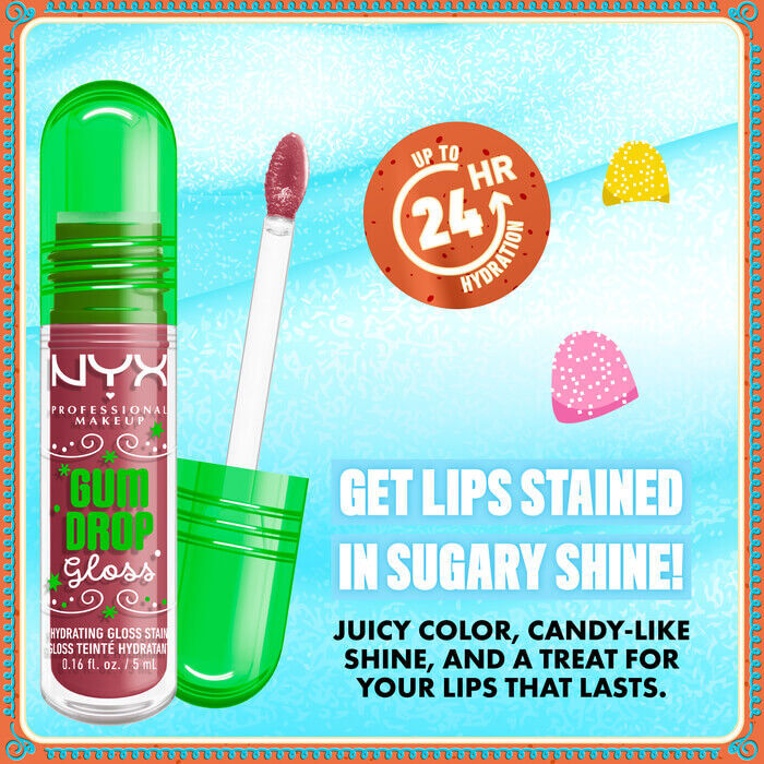 Close-up of NYX Professional Makeup Gum Drop Lip I.V. with claim: “Get lips stained in sugary shine – 24HR wear.” Surrounded by candy accents in shade 02 Bubblegum Burst