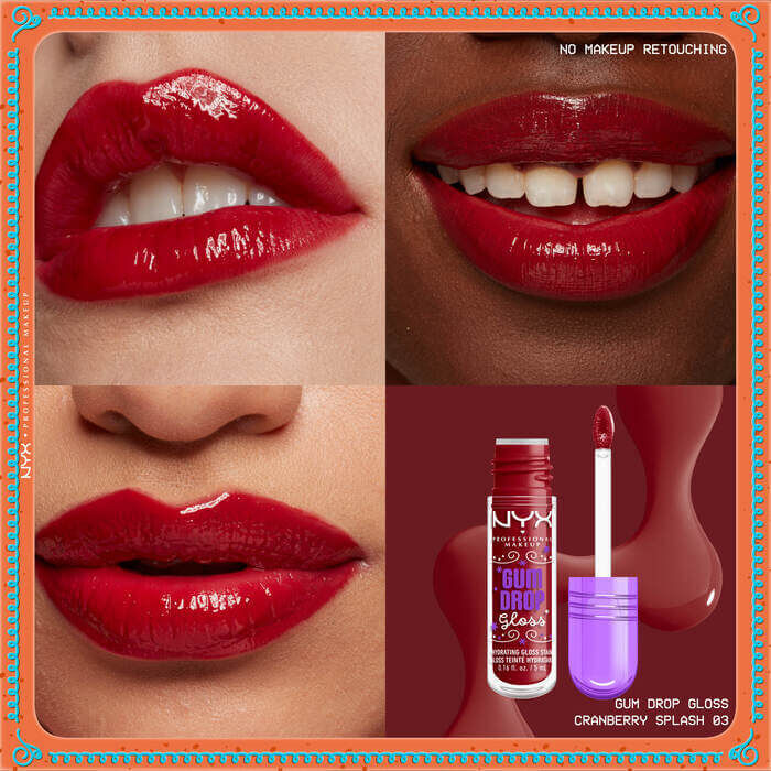 Grid of lips wearing three shades of gloss and stain, showcasing glossy finish on diverse skin tones with NYX Professional Makeup Gum Drop Lip I.V. product on top of textured swatch and colored hex code in shade 03 Cranberry Splash