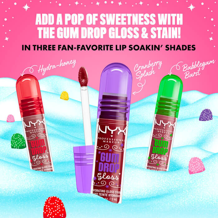 Display of all NYX Professional Makeup Gum Drop Lip I.V. three gloss shades standing upright with gum drop visuals and tagline promoting lip-soakin’ shine.