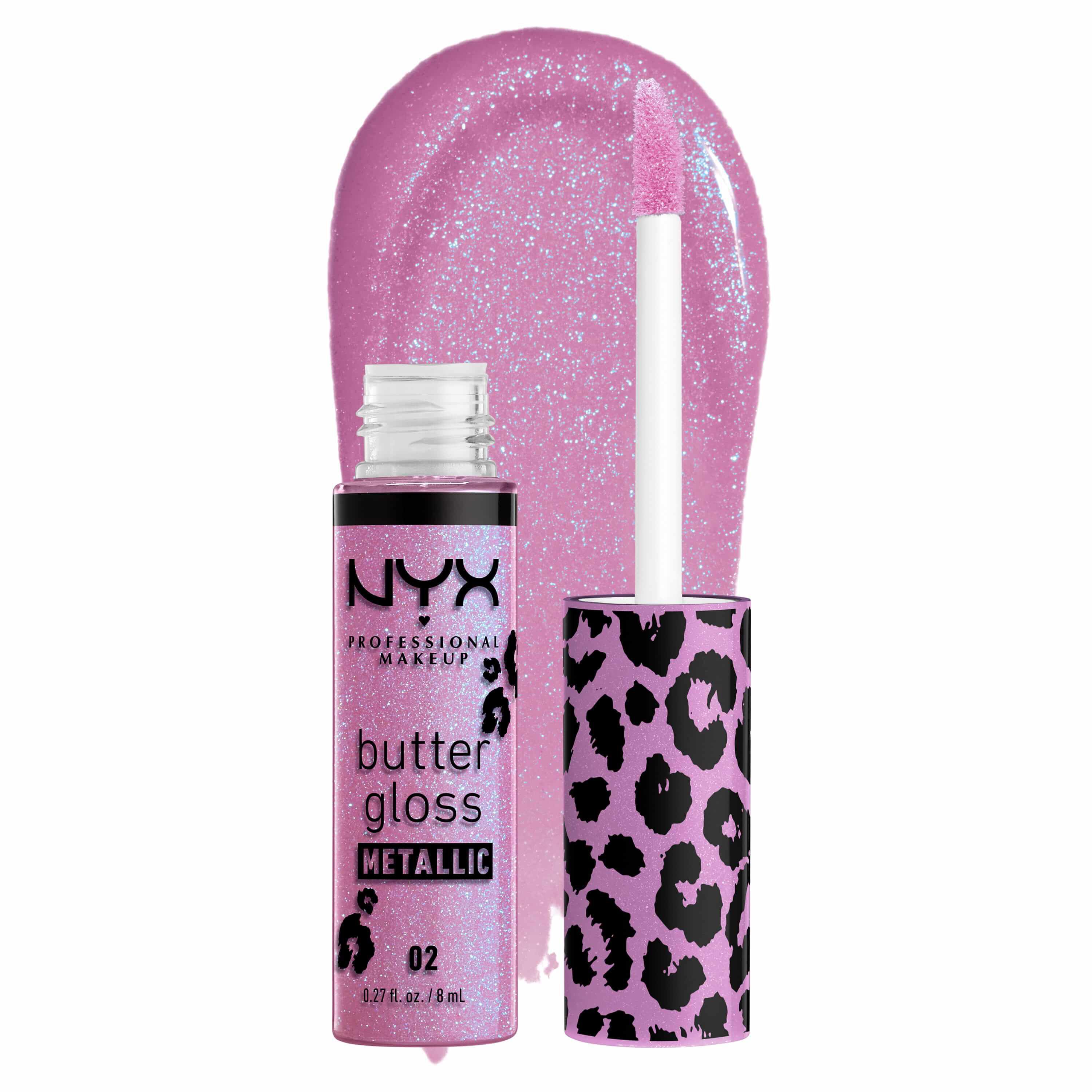 NYX Professional Makeup Party Animals Butter Gloss Bling Metallic in shade 02 Violet Vixen, open lavender glitter lip gloss with applicator beside a glossy lavender swatch.