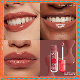 Grid of lips wearing three shades of gloss and stain, showcasing glossy finish on diverse skin tones with NYX Professional Makeup Gum Drop Lip I.V. product on top of textured swatch and colored hex code in shade 01 Hydra Honey