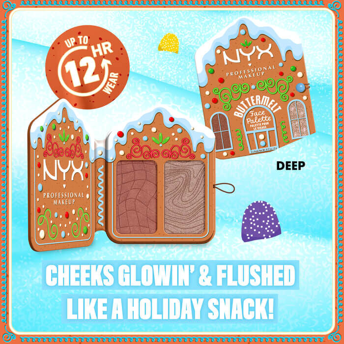 Features three "Buttermelt Face Palettes" in different lighting conditions, highlighting the benefit "CHEEKS GLOWIN' & FLUSHED LIKE A HOLIDAY SNACK!" along with an "UP TO 12 HR WEAR" icon. 02 Deep
