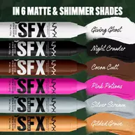 NYX Professional Makeup Party Animals SFX Face & Body Paint Sticks in six shades: white, black, brown, pink, metallic silver and metallic gold.