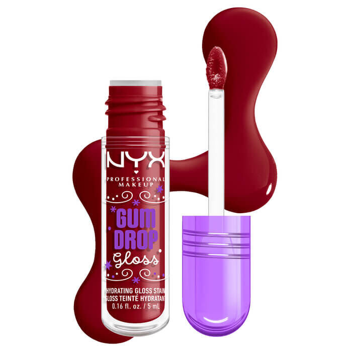 NYX Professional Makeup Gum Drop Gloss & Stain bottle shown with open applicator and a red candy-like textures swatch beside it in shade 03 Cranberry Splash