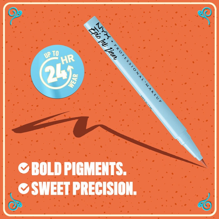 Graphic with tagline: “Bold pigments. Sweet precision.” featuring NYX Professional Makeup Holiday Candy Swirl Liner on orange background in shade 03 Gingersnap Swirl