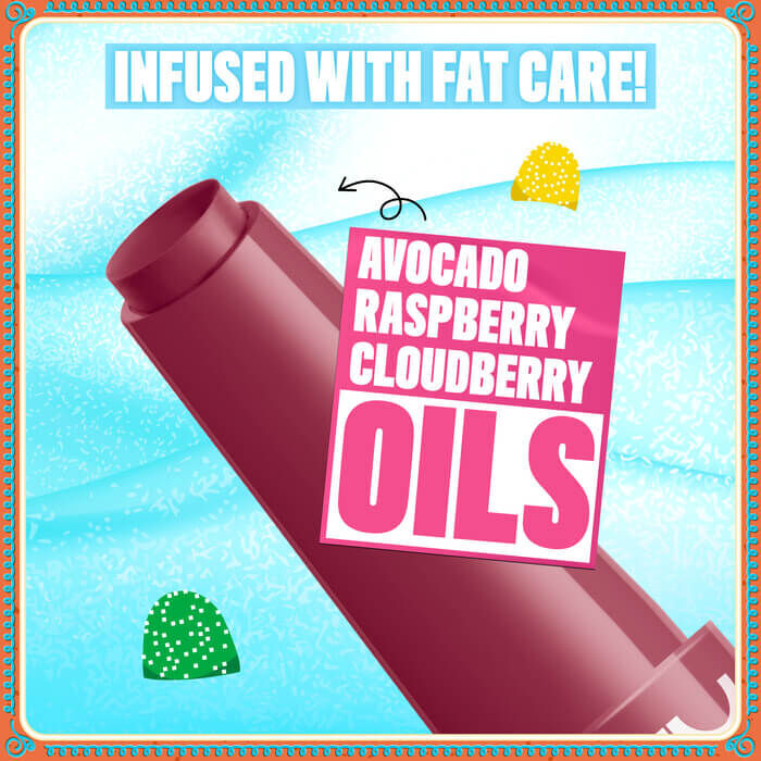 Features a stylized visual of a large, red, liquid drip, set against a light blue background. Text highlights key ingredients: "AVOCADO," "RASPBERRY," and "CLOUDBERRY OILS."