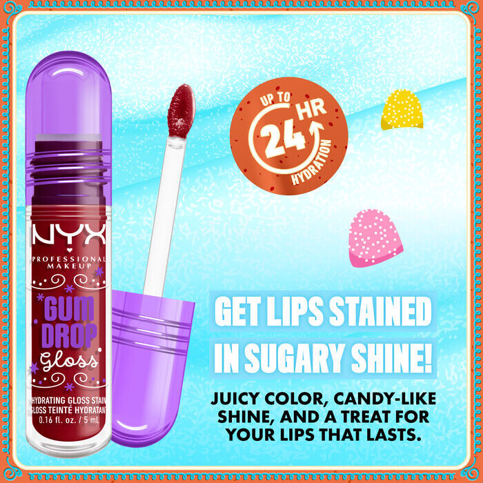 Close-up of NYX Professional Makeup Gum Drop Lip I.V. with claim: “Get lips stained in sugary shine – 24HR wear.” Surrounded by candy accents in shade 03 Cranberry Splash